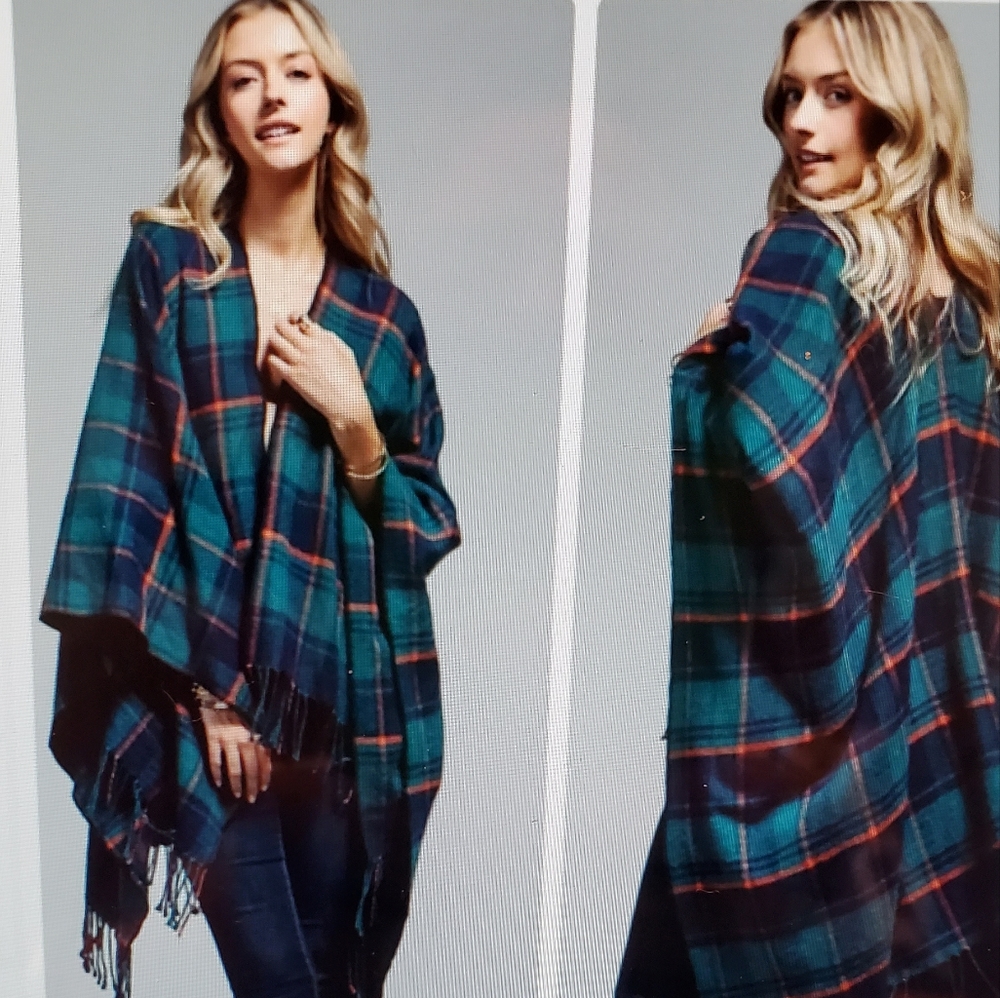 A Girl Thing Plaid Poncho - Blue and Red